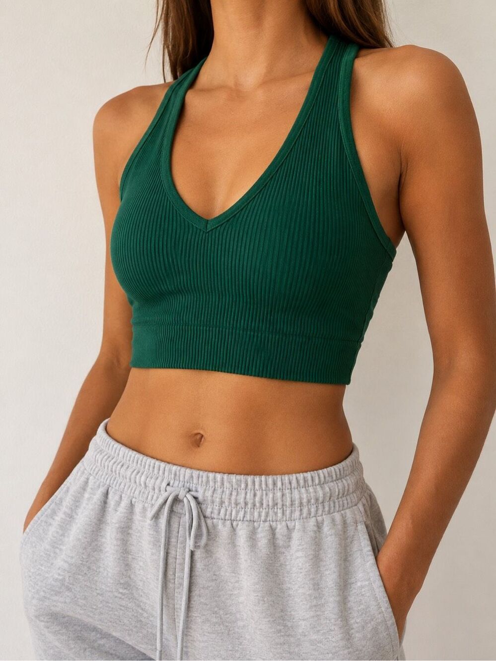 Free People FP Movement XS/S Green Ribbed V Neck Racerback Crop Top Bra